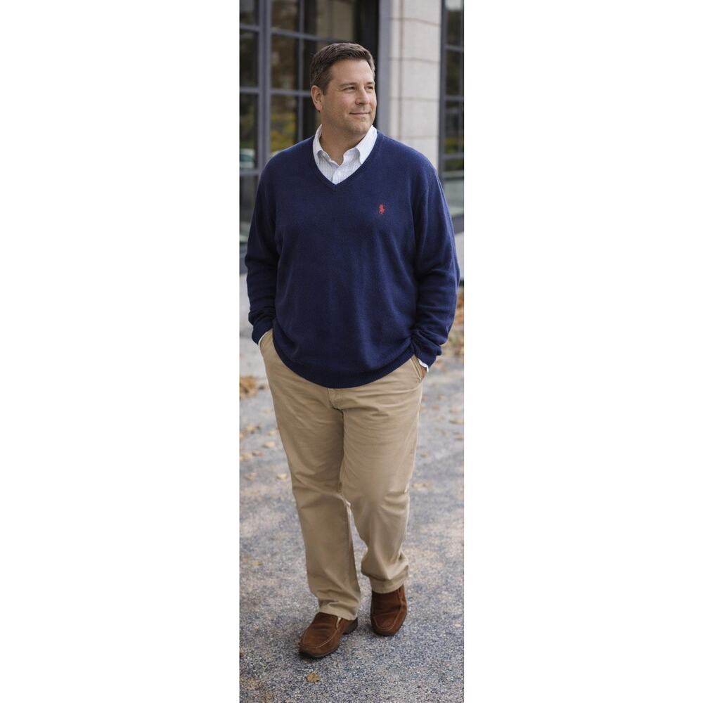 Polo Ralph Lauren Pima Cotton Sweater 2XB Big Blue V Neck Logo Classic Preppy